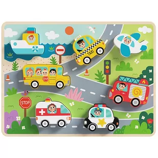 Tooky Toy Drewniane Puzzle Pojazdy Samochody Samolot Statek Miasto Dopasuj Kształty - Układanki dla dzieci - miniaturka - grafika 1