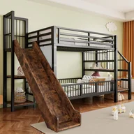 Łóżka dla dzieci i młodzieży - Metalowe łóżko piętrowe dla dzieci 90 x 200 cm - ze zjeżdżalnią - z barierkami bezpieczeństwa - ze schodkami - z półką - czarny (bez materaca) - miniaturka - grafika 1