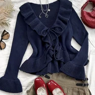 Swetry damskie - TEMU Elegancki damski kardigan z dekoltem w serek - miękki sweter z otwartą przodem, falbankami na rękawach, jednolity , uniwersalny element do - miniaturka - grafika 1