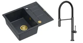 Zlewozmywaki z baterią - Quadron Unique Zlewozmywak granitowy jednokomorowy 62*50*22 cm z ociekaczem MORGAN 116 BLACK DIAMOND z syfonem Push-2-Open w kolorze złotym z baterią MARGOT T LINE GRAPHITE METAL z ruchomą wylewką kolor grafit/czarny wąż - miniaturka - grafika 1