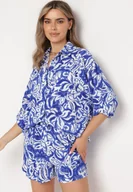 Komplety damskie - Granatowy Dwuczęściowy Komplet Koszula z Regulowanym Rękawem Szorty z Gumką w Pasie Bellagrace - miniaturka - grafika 1