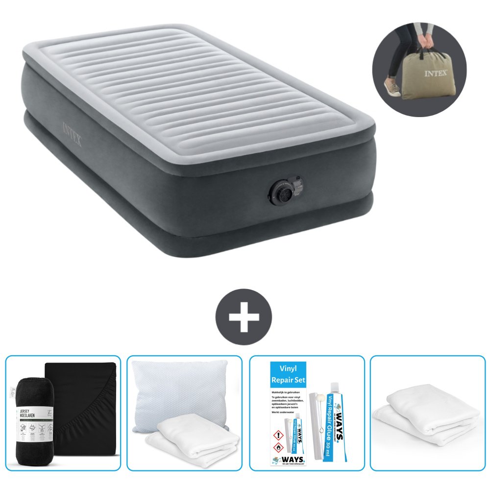 Łóżko powietrzne Intex - 1 osoba - 99 x 191 x 46 cm - Szary - Pompka w zestawie - Prześcieradło - Całowanie - Zestaw naprawczy en Ochraniacz na poduszkę