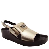 Sandały damskie - S.Barski KV51-070 damskie sandały skórzane na koturnie złote - miniaturka - grafika 1