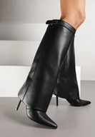 Kozaki damskie - Czarne Kozaki na Obcasie Typu Szpilka z Wywiniętą Cholewką Lavemesse - Renee - miniaturka - grafika 1