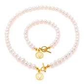 Zestawy biżuterii dla kobiet - Komplet "Coin" z naturalnych pereł słodkowodnych oraz srebra 925 pozłacanego (naszyjnik + bransoletka) - miniaturka - grafika 1