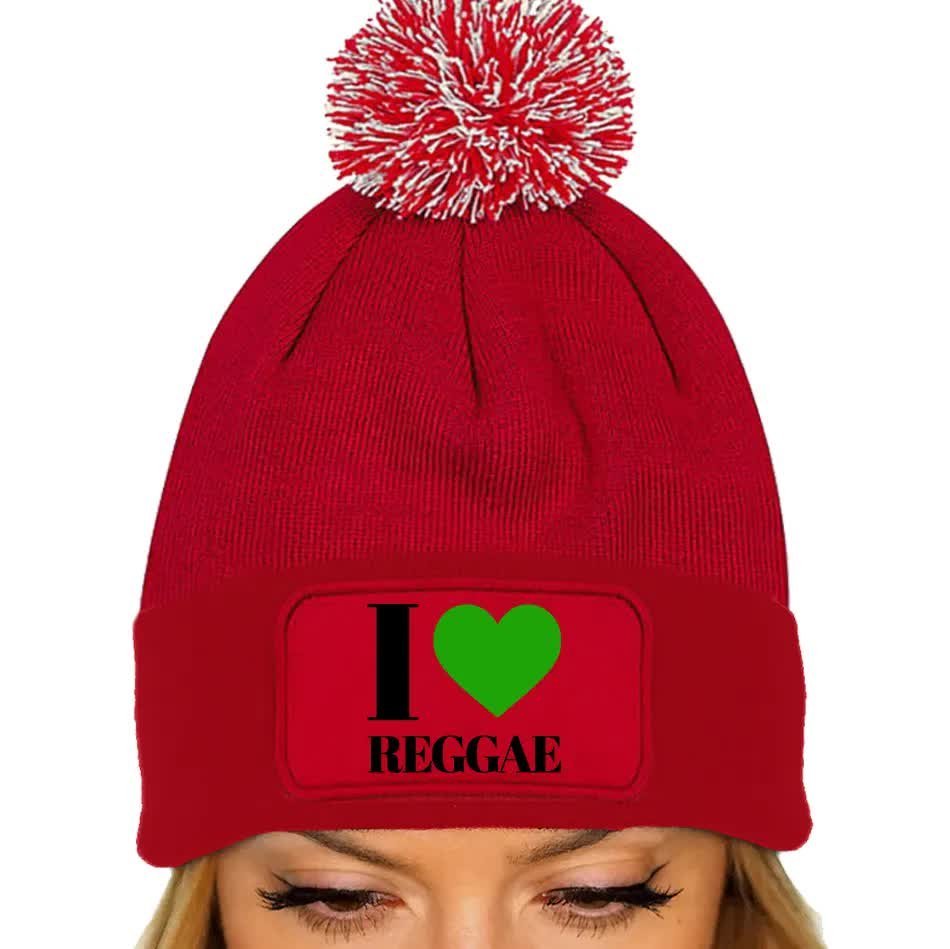 CZAPKA POMPON Bawełna ZIMOWA Czerwona Muzyczne Muzyka I LOVE REGGAGE Wzory