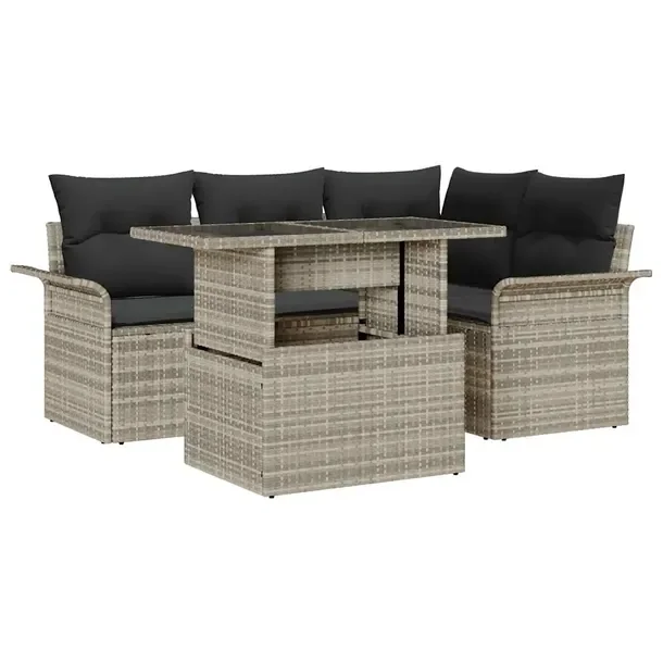 Zestaw Sof Ogrodowych Rattanowych, Jasnoszary-Czarny, 4 Osoby, 60 cm Głęb