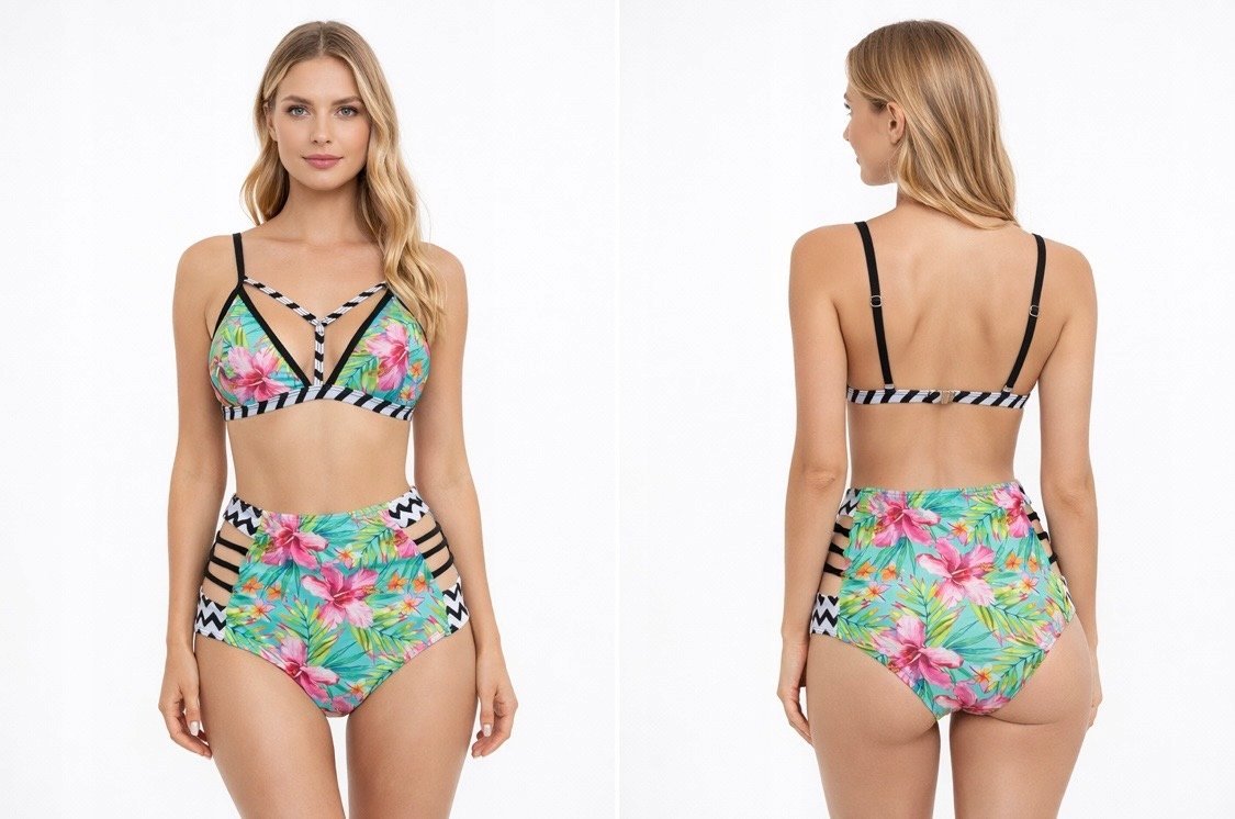 MODNY STRÓJ KĄPIELOWY DAMSKI BIKINI WYSOKI STAN KWIATOWY HIT LATA