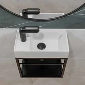 Umywalki - Massi Zestaw umywalka z konglomeratu nablatowa prostokątna biała + czarna konsola 40 x 22 cm NAVI do małej łazienki - miniaturka - grafika 1