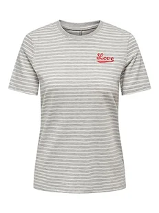 ONLY Onlweekday Reg S/S Stripe Top Box JRS T-Shirt damski, Light Grey Melange/Print: in Love (High Risk Red), XS - Koszulki i topy damskie - miniaturka - grafika 1