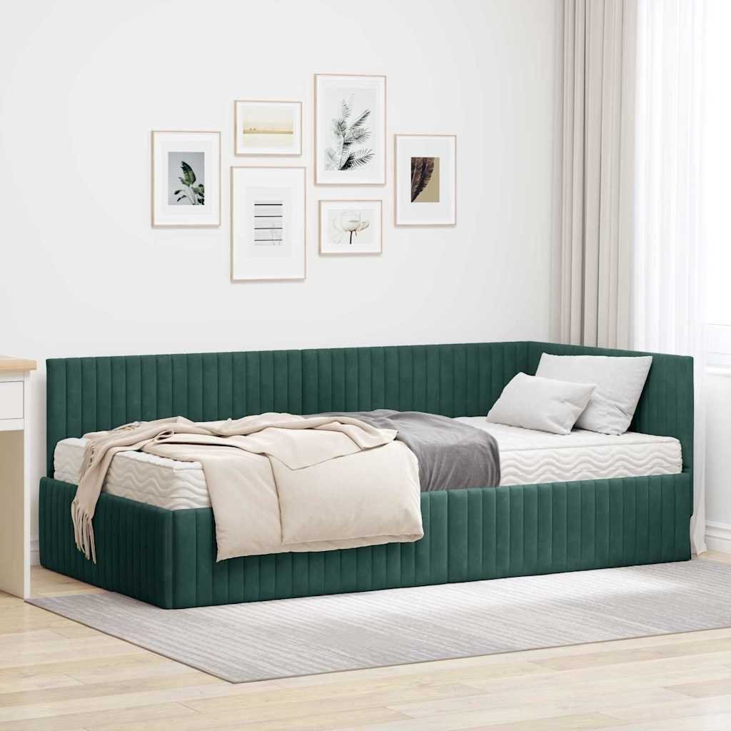 vidaXL Rama Łóżka Narożnego z Materacem 2 pcs Zielony Aksamit