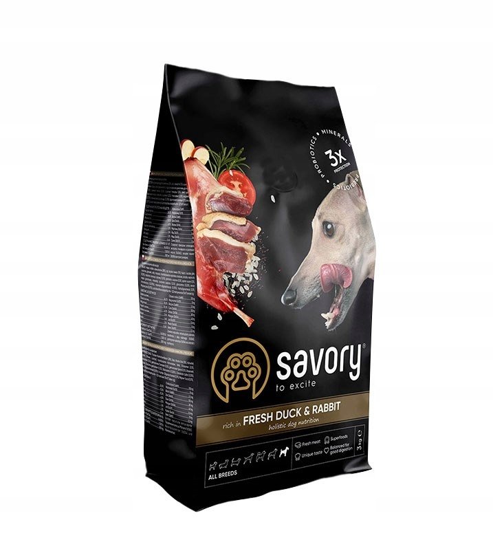 SAVORY KARMA SUCHA Z KACZKĄ I KRÓLIKIEM DLA PSÓW DOROSŁYCH WSZYSTKICH RAS 3 KG