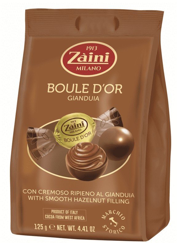ZAINI WŁOSKIE CZEKOLADOWE NADZIEWANE PRALINY BOULE D’OR GIANDUIA 125G NA PREZENT