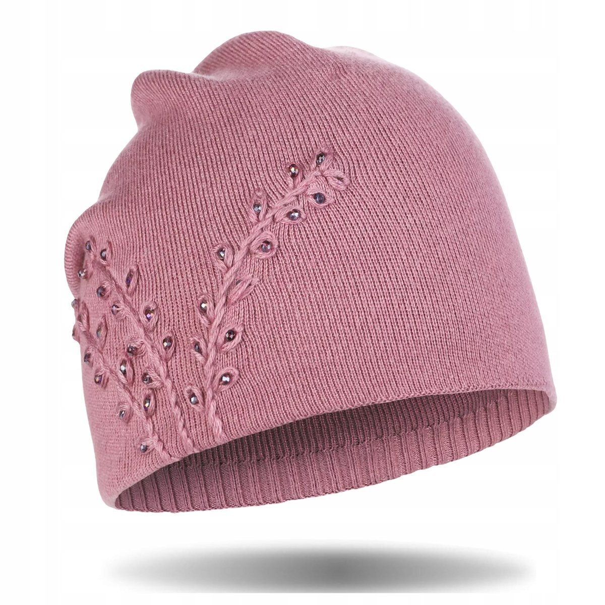 CZAPKA DAMSKA DZIANINOWA Z KRYSZTAŁKAMI JESIENNA ZIMOWA CIEPŁA GRUBA MORAJ PINK
