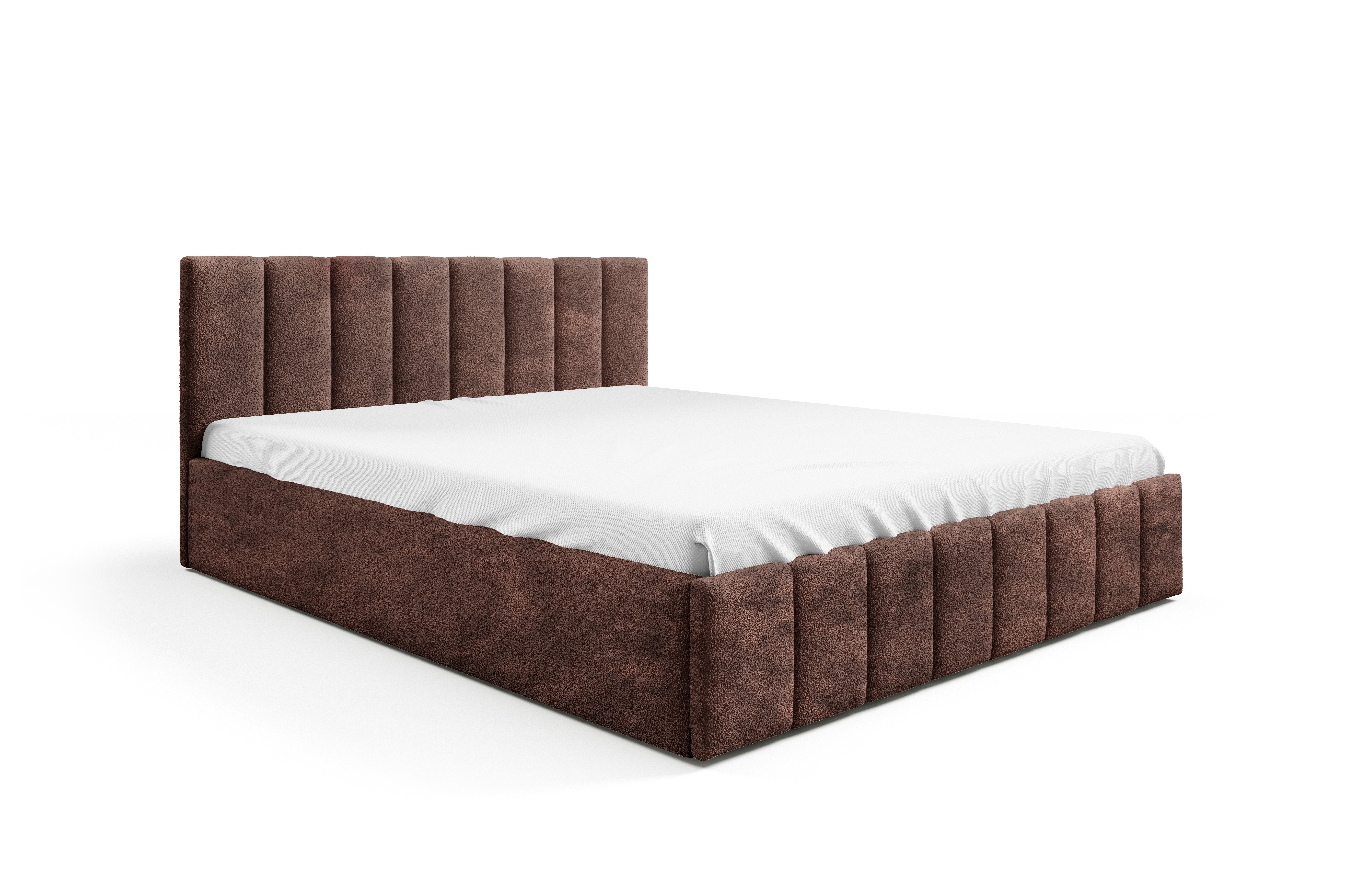 Łóżko tapicerowane GUTTO brązowe 160x200 metalowa rama z listew ciemnobrązowy Boucle z pojemnikiem na łóżko i miejscem do przechowywania