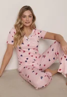 Piżamy damskie - Różowy Komplet Piżamowy z Elastycznego Materiału Spodnie i Bluzka w Serca Veys - miniaturka - grafika 1