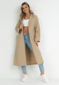 Płaszcze damskie - Beżowy Płaszcz Oversize z Wiązanym Paskiem Ziyanna - miniaturka - grafika 1
