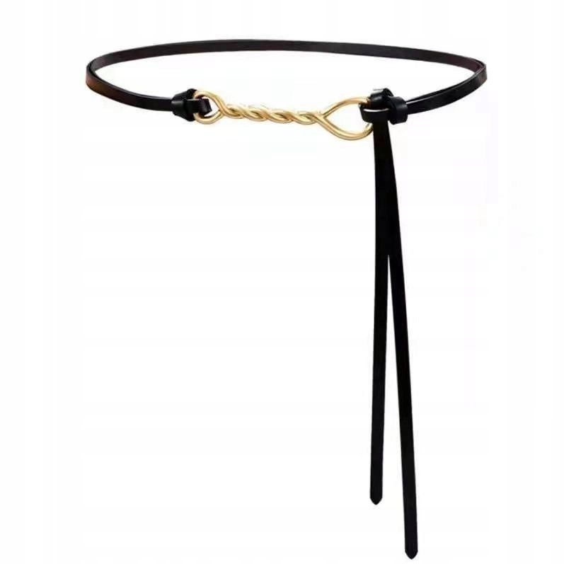 czarny PASEK damski skórzany elegancki dodatek do płaszcza dla pani