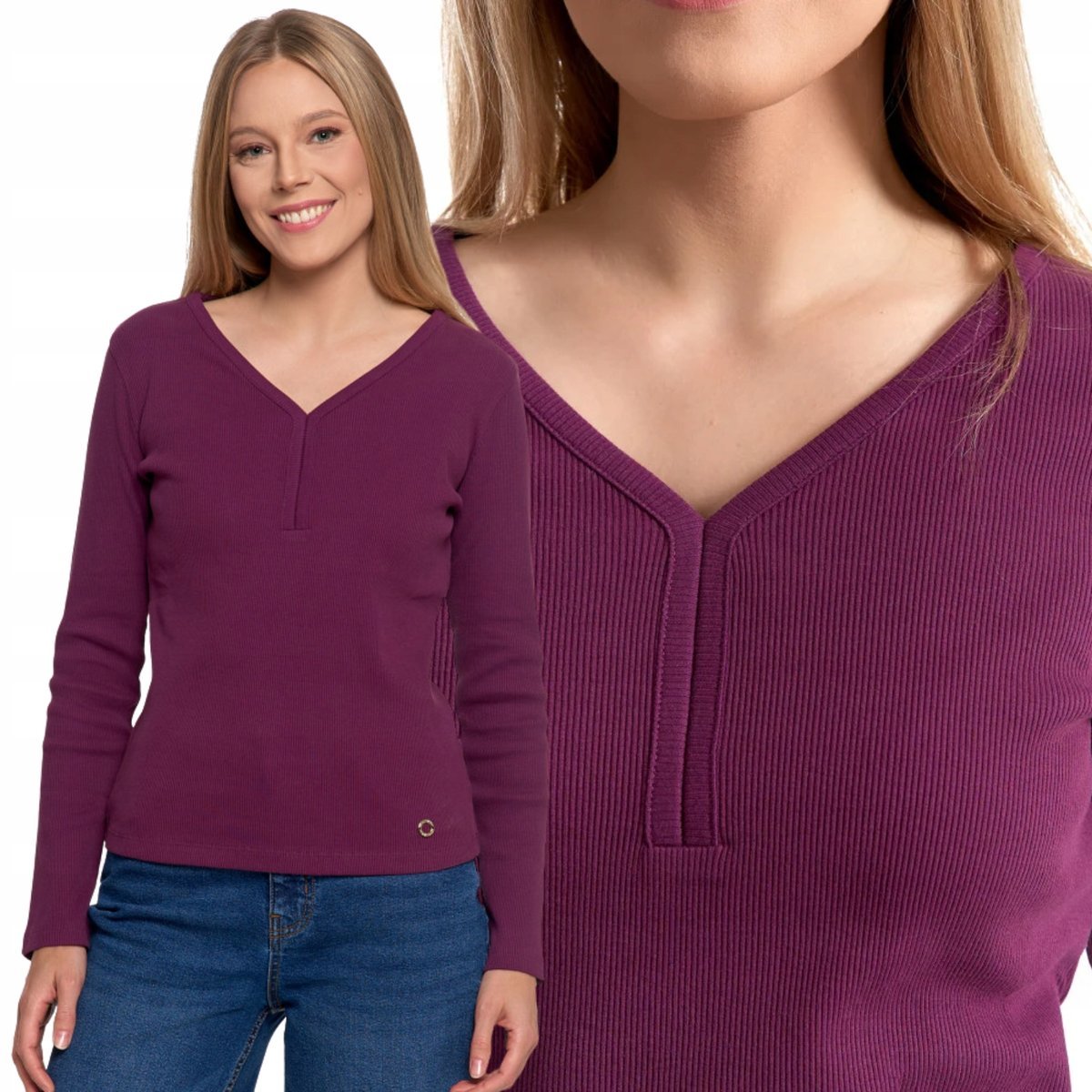 Bluzka Damska Bawełniana Prążkowana Z Długim Rękawem Klasyczna Moraj S Purple