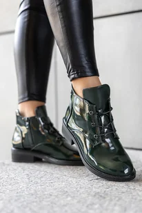 Zielone botki damskie lakierowane na niskim klocku sznurowane Casu D24WX4-G - Botki damskie - miniaturka - grafika 1