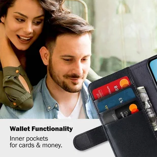 Crong Premium Booklet Wallet - Skórzane etui iPhone 11 Pro Max z kieszeniami + funkcja podstawki (czarny) - Etui i futerały do telefonów - miniaturka - grafika 6