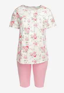 Piżamy damskie - Różowo-Biały Komplet Piżamowy w Kwiaty Koszulka z Krótkim Rękawem i Spodnie Lużne 3/4 Lareni - grafika 1