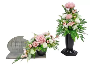 PIWONIE różowe DESKA (550.7) Komplet stroik + bukiet we wkładzie na grób cmentarz - Sztuczne kwiaty - miniaturka - grafika 1
