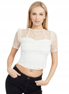 GUESS BIAŁA AŻUROWA BLUZKA Z KRÓTKIM RĘKAWEM I DEKOLTEM SERCE XL GXB - Bluzki damskie - miniaturka - grafika 1