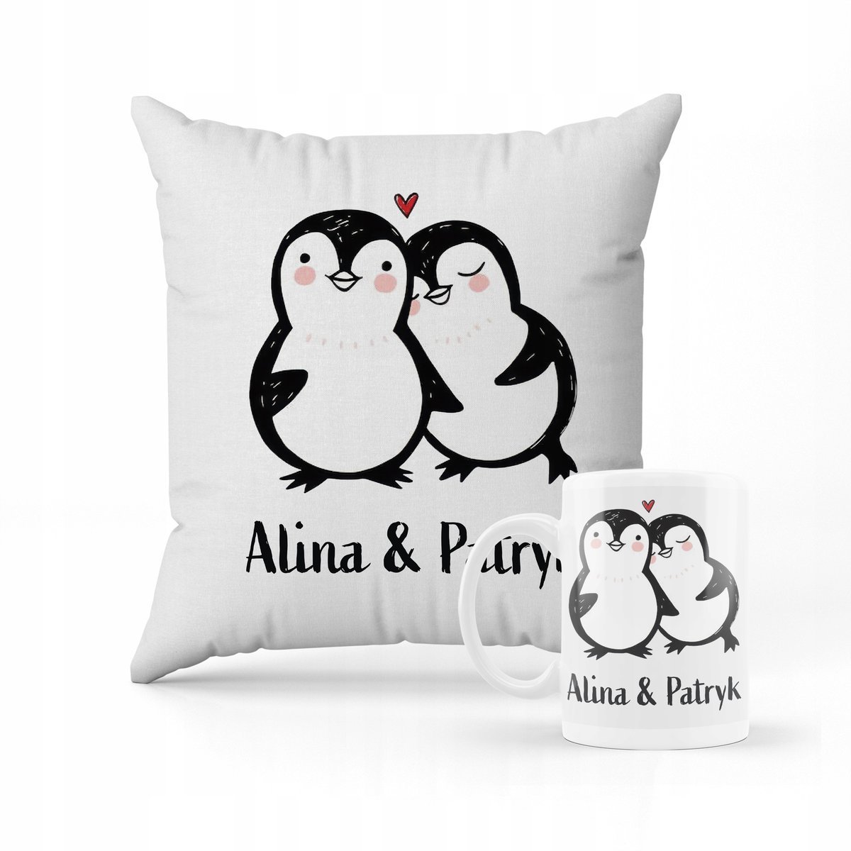 ZESTAW PODUSZKA + KUBEK PREZENT NA WALENTYNKI PINGWINY SŁODKIE #26