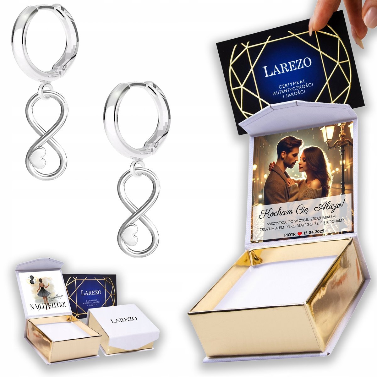 Kolczyki Srebrne 925 Serca z Nieskończonością Ósemki Serduszka NADRUK