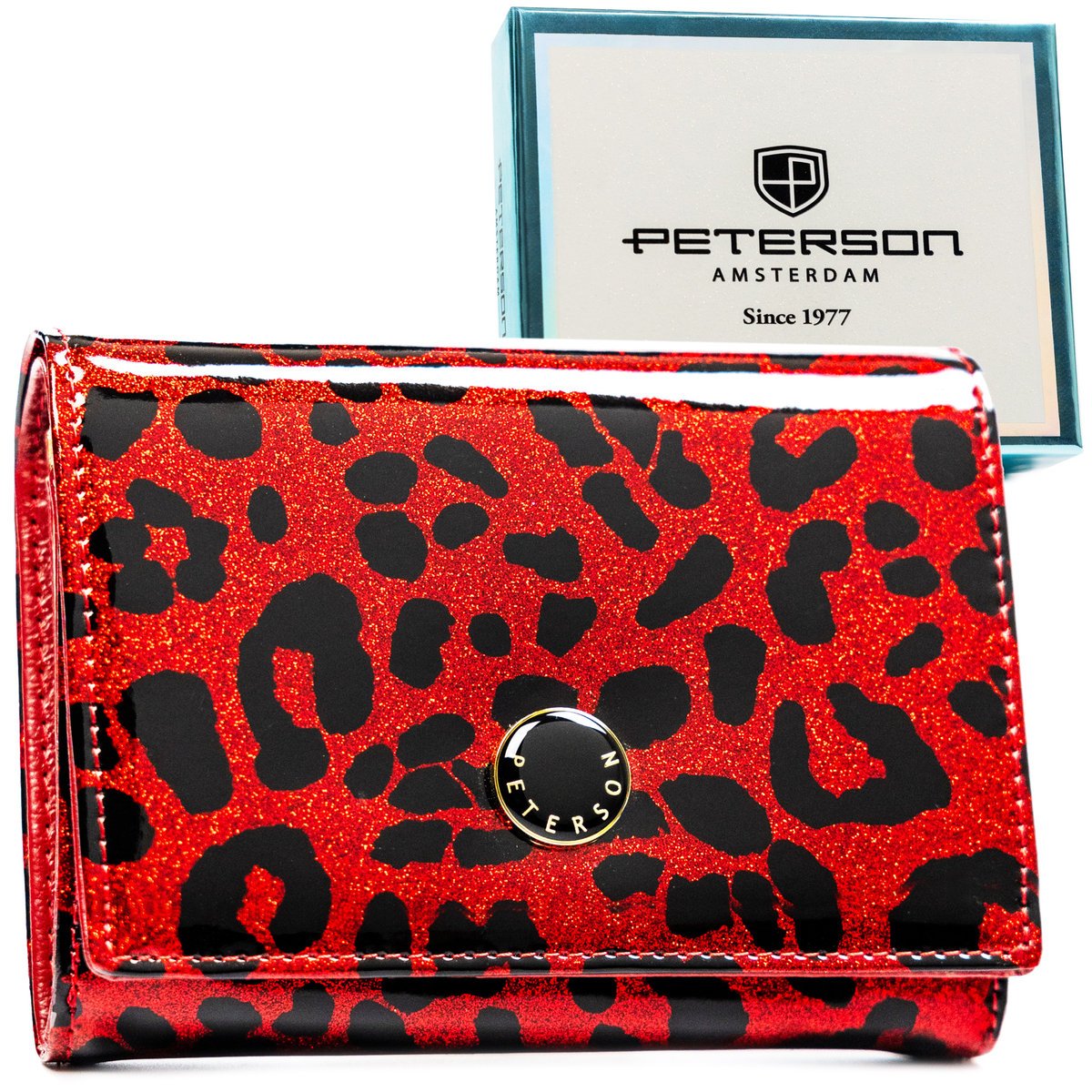 Portfel damski z ozdobnym wzorem PETERSON mały elegancki lakierowany skóra naturalna i ekologiczna RFID STOP modny czerwony