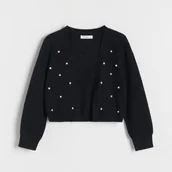 Swetry dla dziewczynek - Reserved - Kardigan z perełkami - czarny - miniaturka - grafika 1