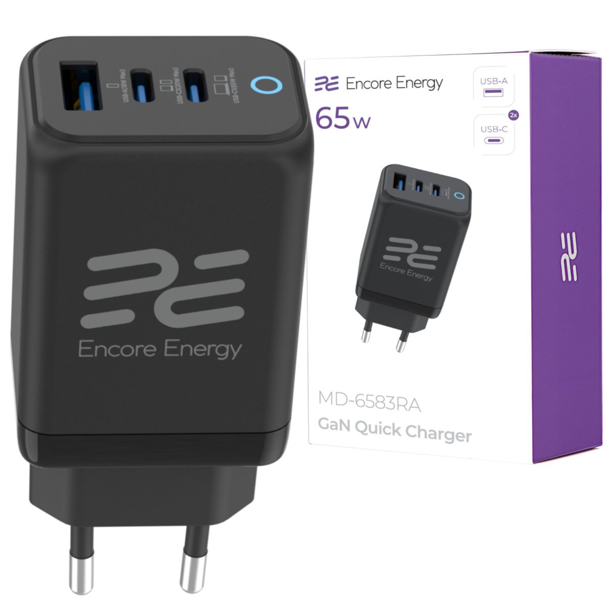 Nowa ładowarka sieciowa 65W USB-A + 2x USB-C QC PPS PD Encore Energy MD-6583RA