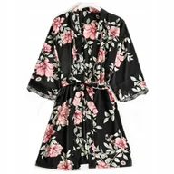 Bielizna nocna - Satynowy szlafrok damski w kwiaty satyna podomka - XL - miniaturka - grafika 1