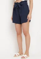 Spodenki damskie - Niebieskie Szorty z Bawełny z Gumką w Pasie i Materiałowym Paskiem Fioara - miniaturka - grafika 1