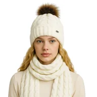 Czapki damskie - Zimowy komplet damski czapka z pomponem ocieplana polarem i szal biały - miniaturka - grafika 1