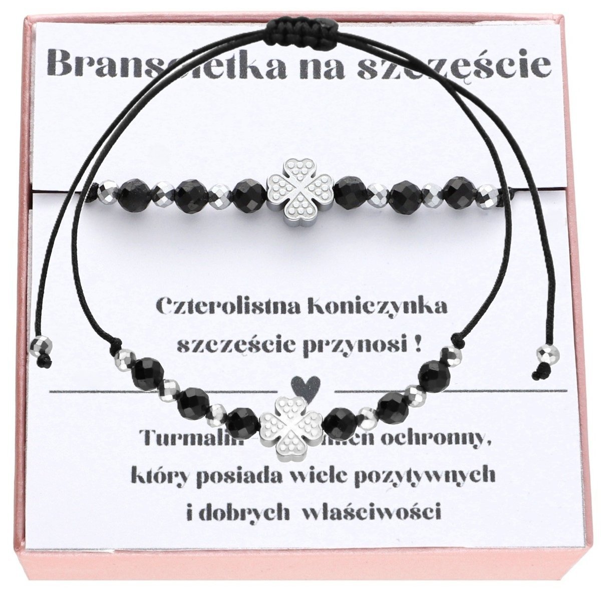 Bransoletka NA SZCZĘŚCIE koniczynka z czarnym turmalinem kamienie naturalne