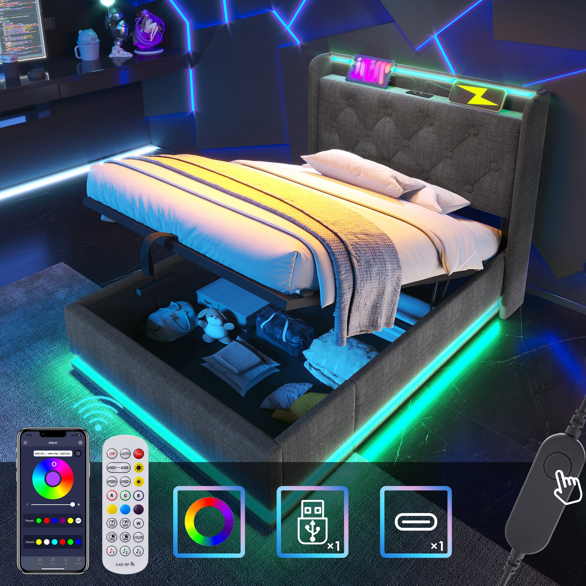 Łóżko tapicerowane Flieks 90x200cm z funkcją ładowania (USB&Typ-c), łóżko młodzieżowe, łóżko pojedyncze, schowek z LED, łóżko na sprężynach hydraulicznych, pościel, szary