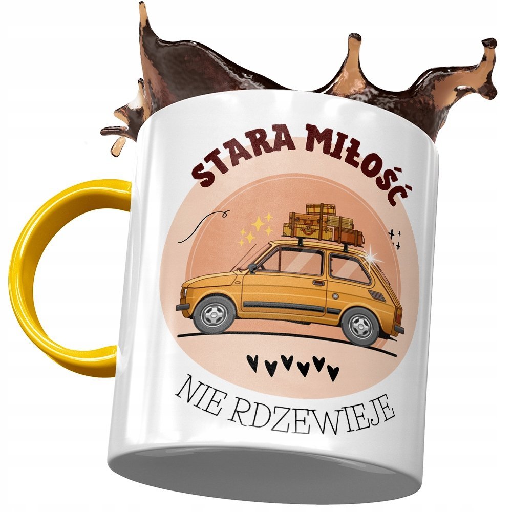 Kubek Żółty Śmieszny Zabawny Stara Miłość Prezent z Nadrukiem ze Zdjęciem+ Opakowanie na prezent (wzór 01)