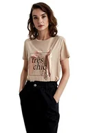 Koszulki i topy damskie - DeFacto T-shirt damski, beżowy, 3XL - miniaturka - grafika 1
