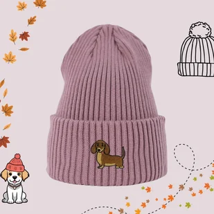 Haftowana czapka beanie - JAMNIK - różowa - Czapki damskie - miniaturka - grafika 1