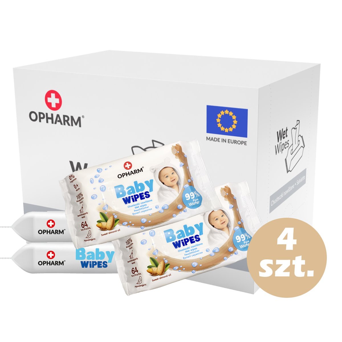Zestaw - Chusteczki nawilżane Opharm Baby Wipes Sweet Almond 4x64 szt