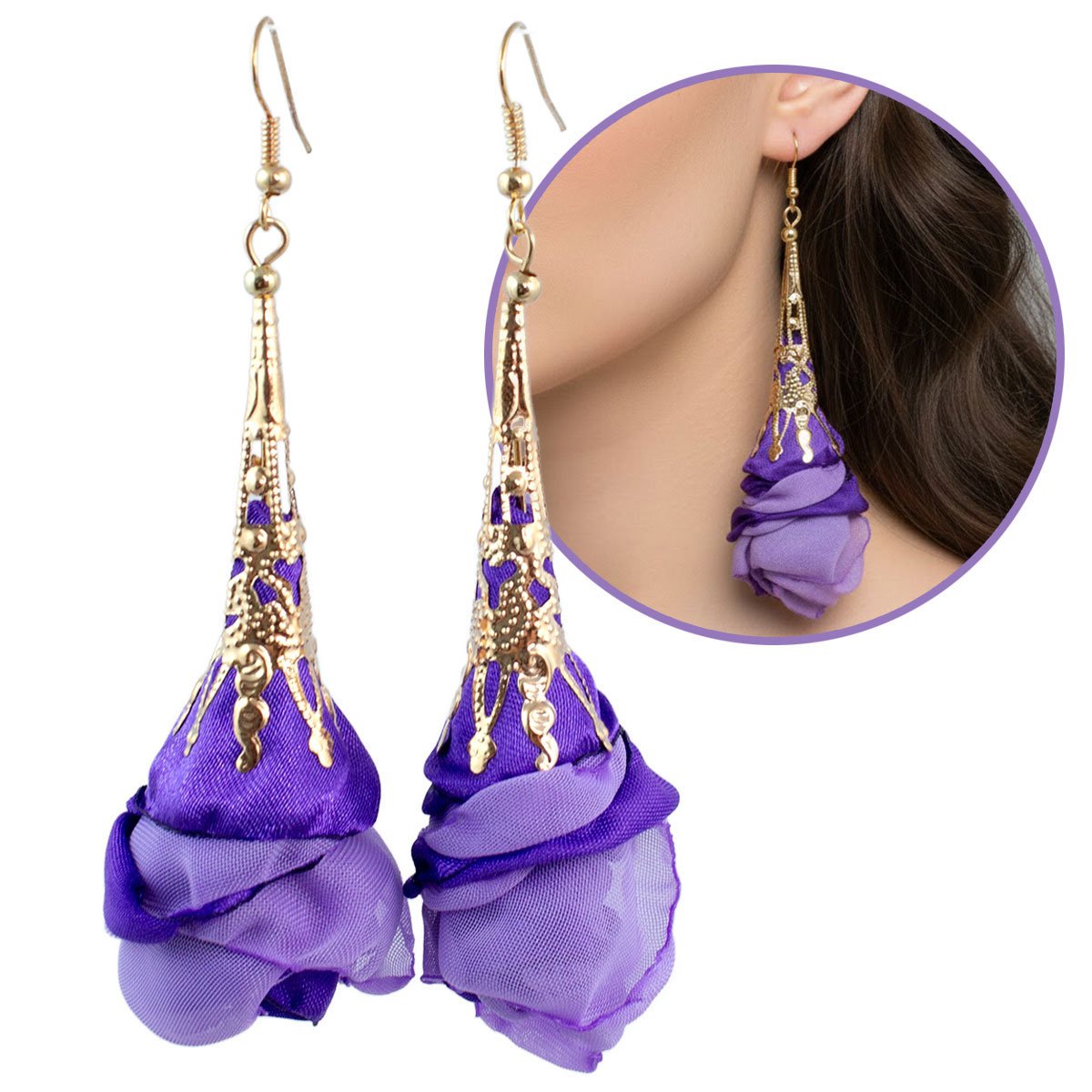 Kolczyki wiszące długie fioletowe ażurowe kwiaty z tkaniny złote