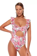 Stroje kąpielowe - Trendyol Damski strój kąpielowy z dzianiny kwiatowej, różowy-wielokolorowy, 40, Różowy-wielokolorowy, 44 - miniaturka - grafika 1