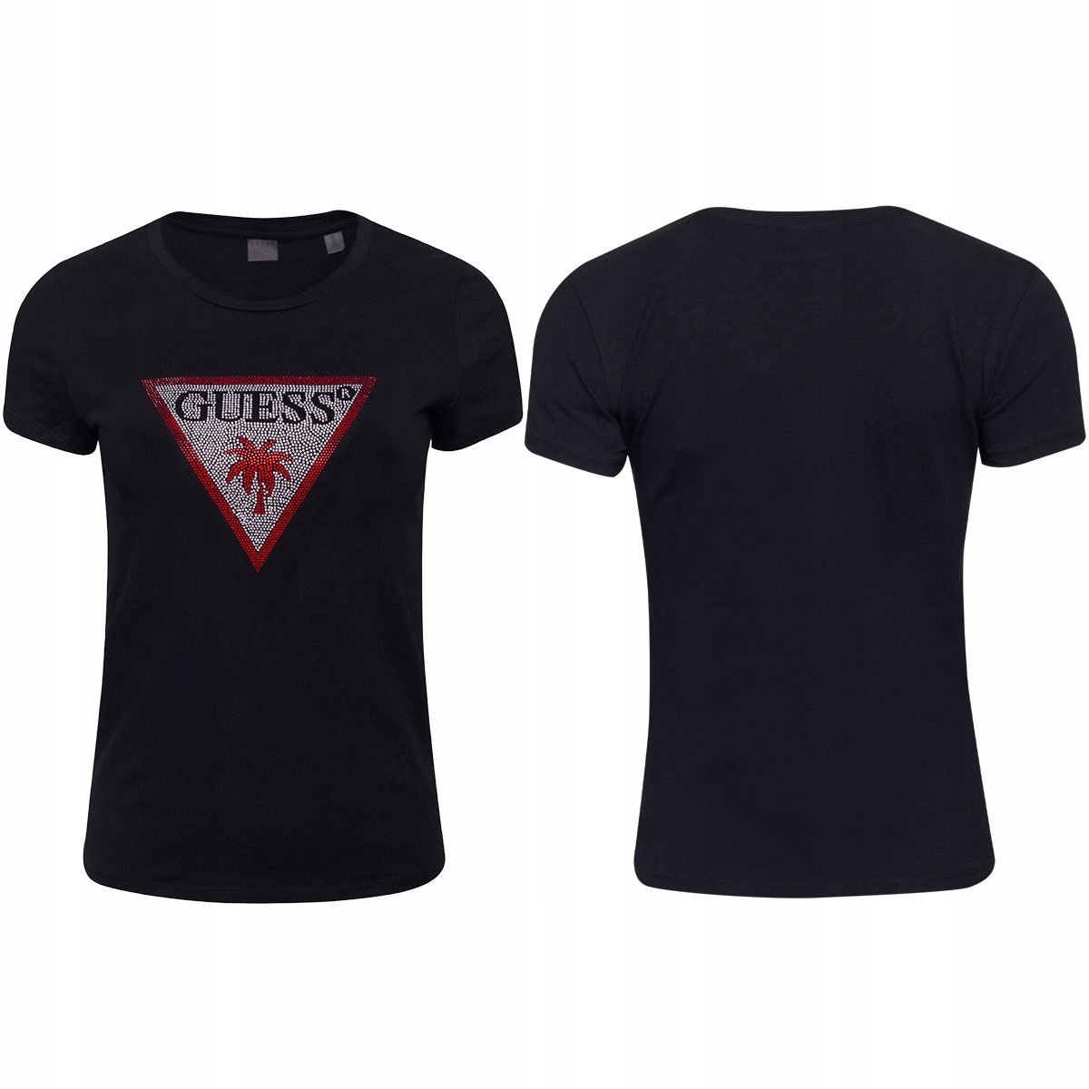 GUESS KOSZULKA DAMSKA T-SHIRT TRIANGLE RHINESTONES CZARNA r.S