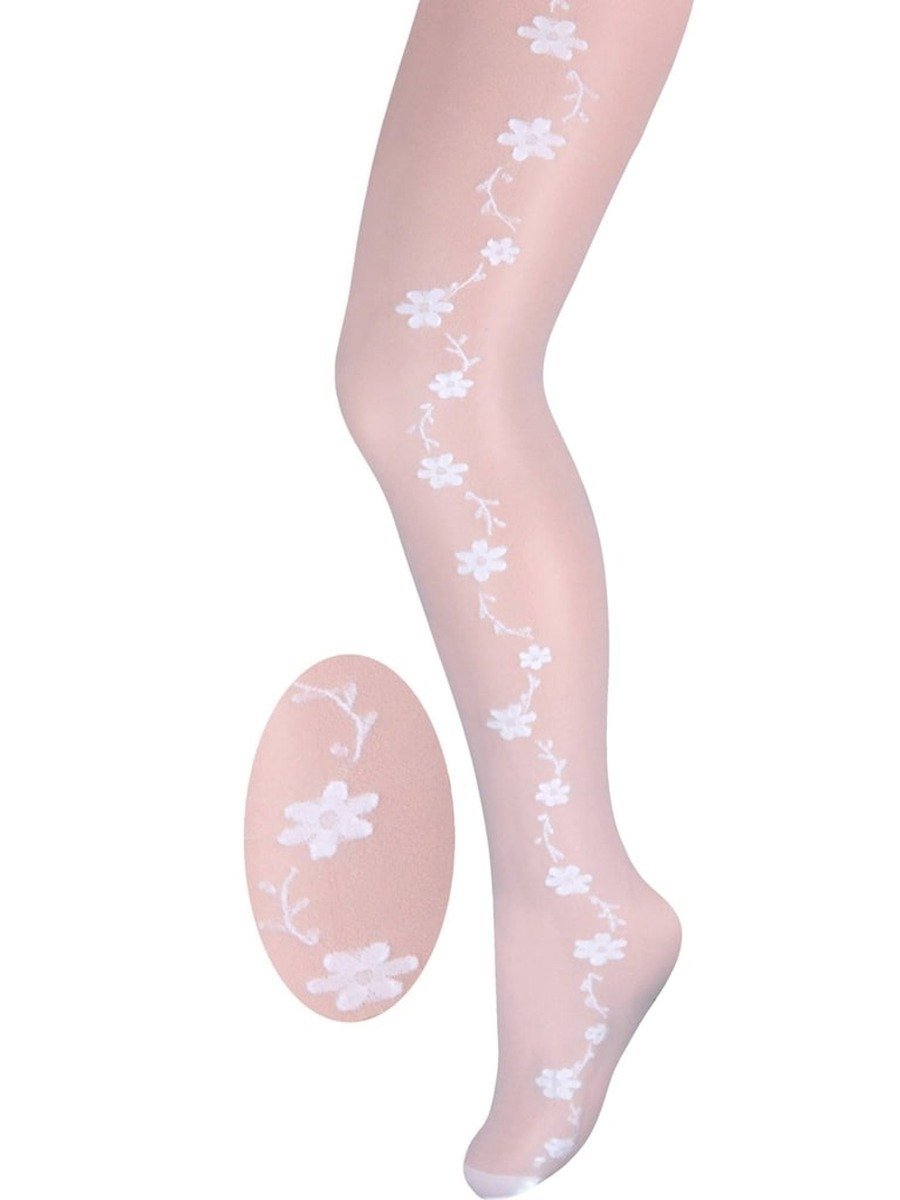 Dziewczęce rajstopy cienkie kwiatki białe Milusie r.140/146