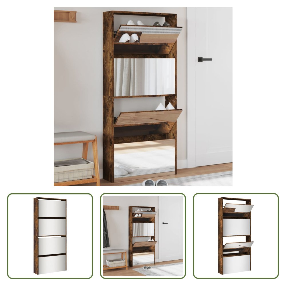 The Living Store Szafka na buty z lustrem 4 przegrody dąb wędzony 63x17x134 cm