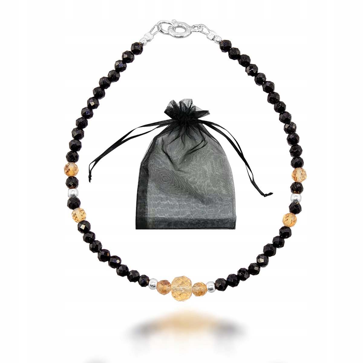 Czarny Turmalin i Cytryn Bransoletka Szczęścia Srebro 925 Prezent 20cm