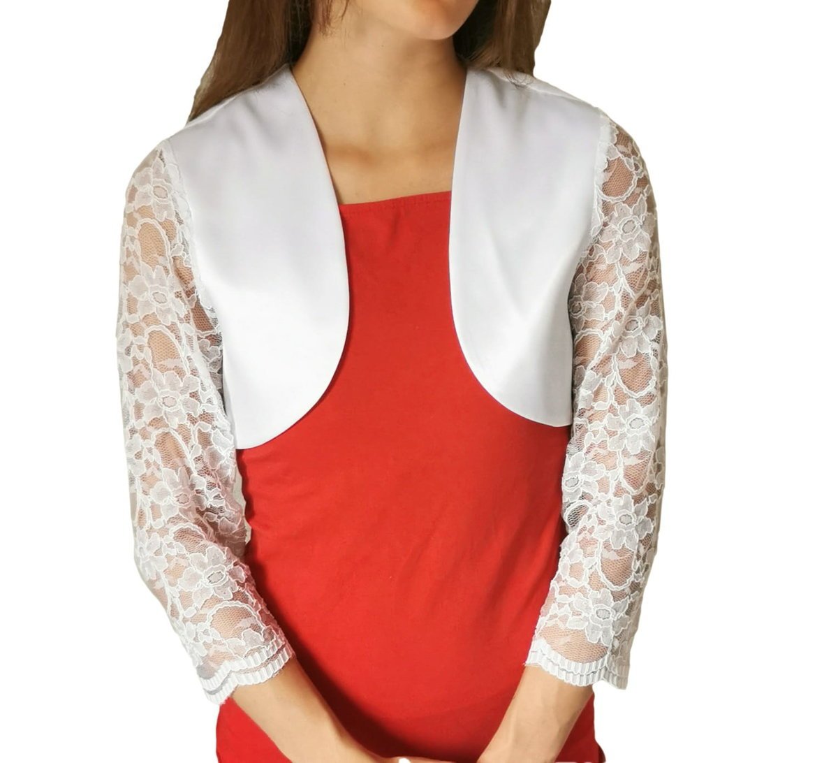 klasyczne bolerko satynowe białe z rękawem 3/4 z koronki - JULIA 44