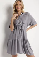 Sukienki - Szara Sukienka Koszulowa z Wiskozy z Kołnierzykiem i Wiązaniem Nanieria - miniaturka - grafika 1